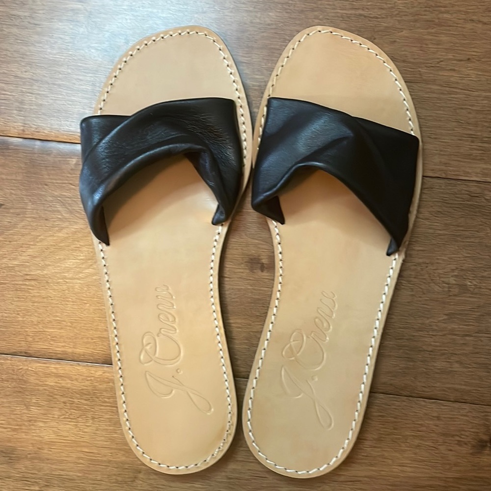 J. Crew Black Leather Slide Sandals with Tan Footbed
